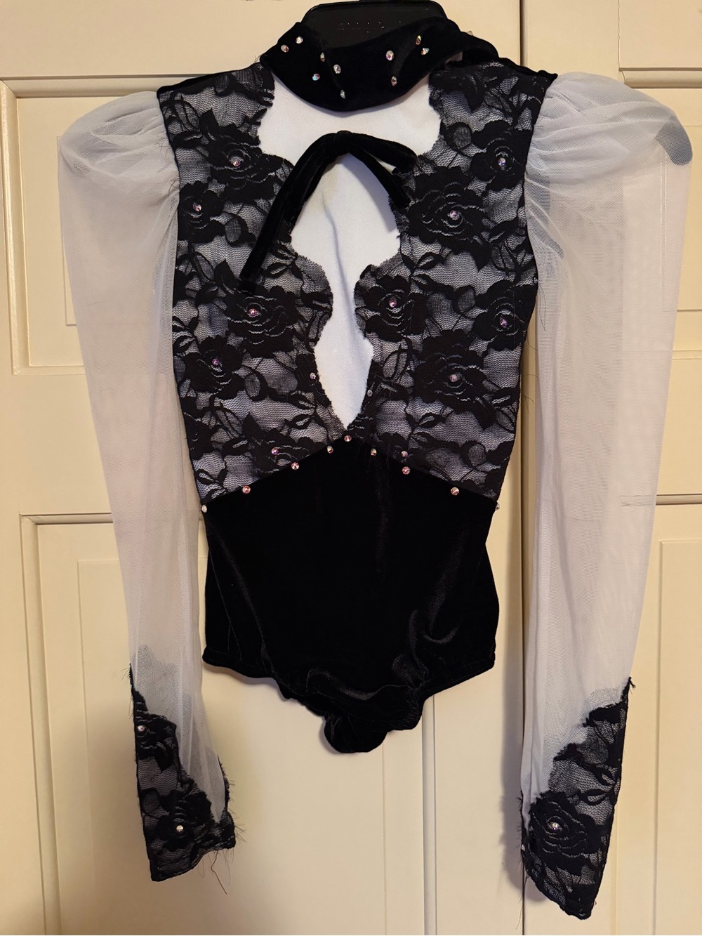 Black Lace Velvet Puff-Sleeve Bodysuit with Sheer White Sleeves